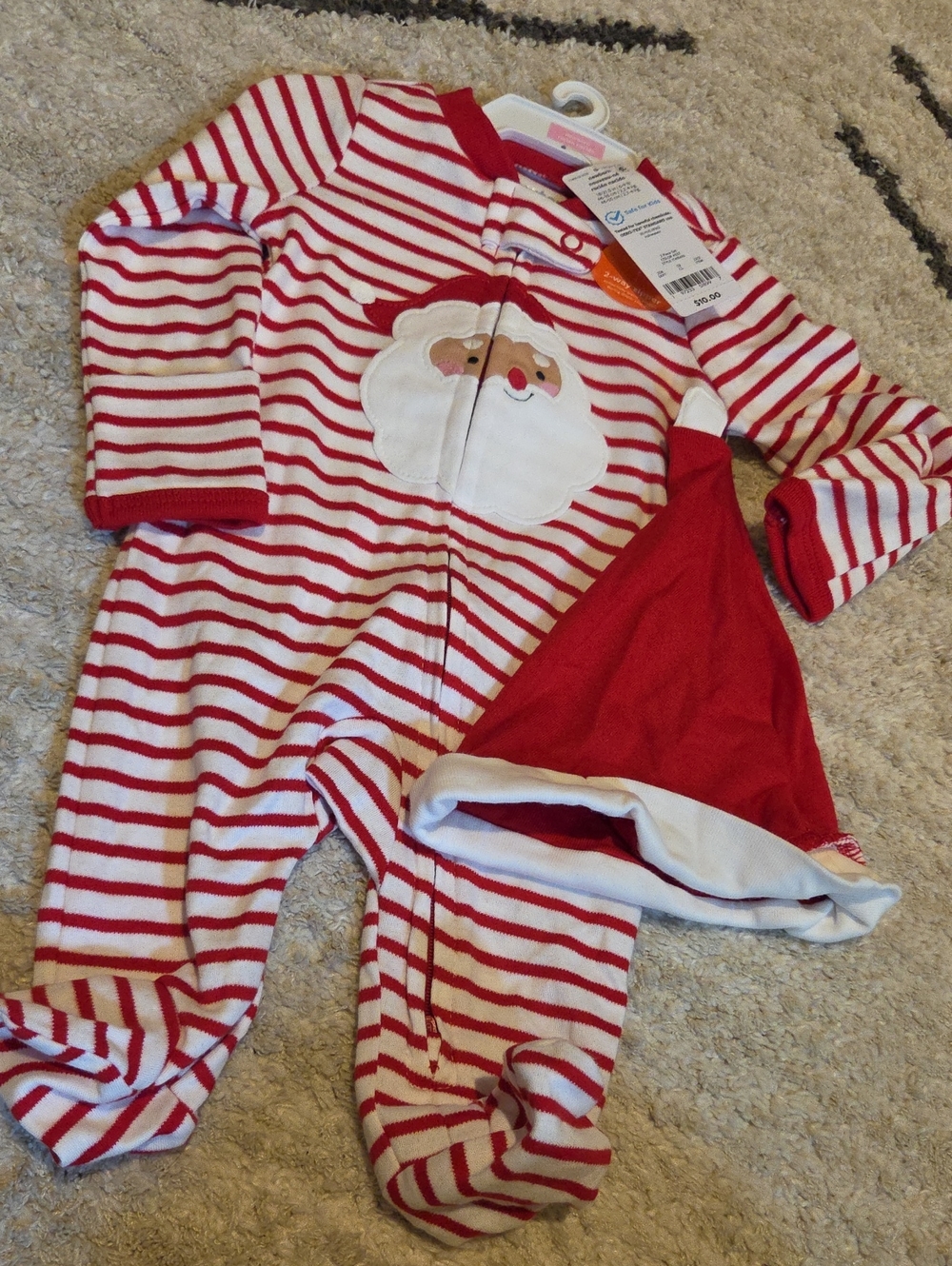 Carter's Red and White Striped Holiday Footed One-Piece with Santa Face